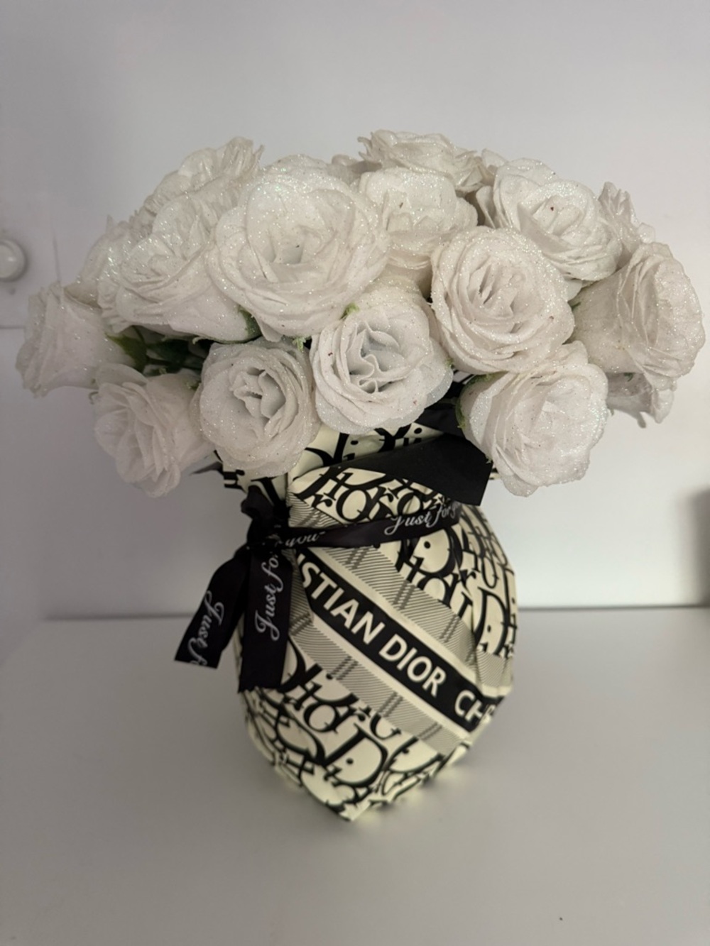 Dior White Rose Arrangement in Monogram Ribbon Vase